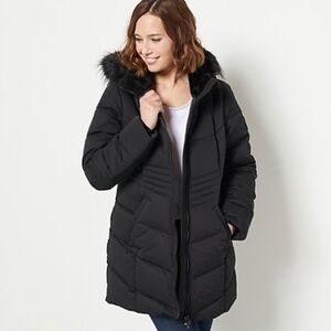Arctic Expedition black diamond down quilted parka with removable faux fur hood